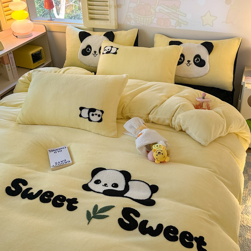 卡通贴布绣四件套牛奶绒被套床单可爱熊猫少女心秋冬床上用品床笠