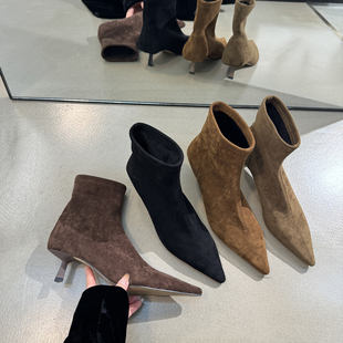 2025秋冬气质细跟加绒裸靴套筒弹力瘦瘦靴子小猫跟尖头绒面短靴女