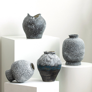 现代简约复古侘寂风黑白斑点釉陶罐陶瓷花器民宿酒店桌面装饰摆件