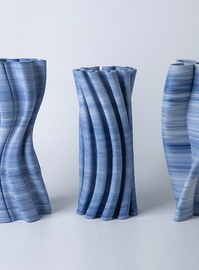现代3D打印渐变蓝色抽象艺术皱褶陶瓷花器样板间设计感装饰品摆件