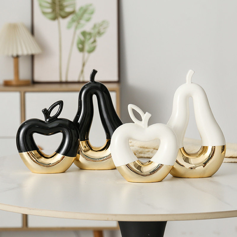 轻奢精美高颜值电镀金色陶瓷苹果雪梨床头桌面电视柜装饰品小摆件