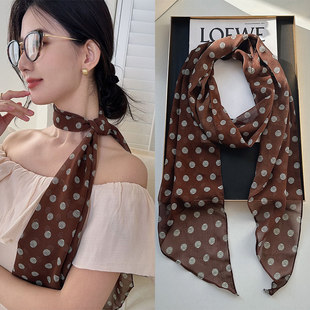 棕色波点丝巾印花高级百搭配饰系脖女2026新款发带绑带薄款长围巾