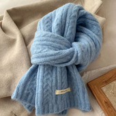 蓝色围巾女冬季 2025新款 加厚韩系氛围感含羊毛混纺学生情侣围脖潮