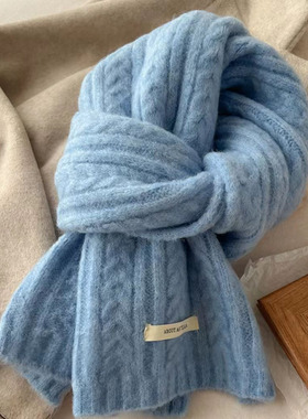 蓝色围巾女款2025新款冬季加厚韩系氛围感含羊毛混纺学生情侣围脖