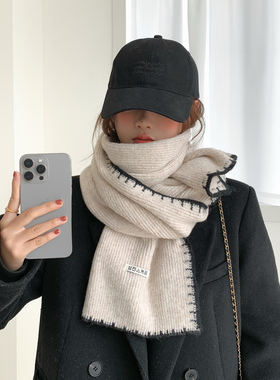 围巾女款2025新款冬加厚含羊毛混纺复古锁边正流行学生高级感LXF