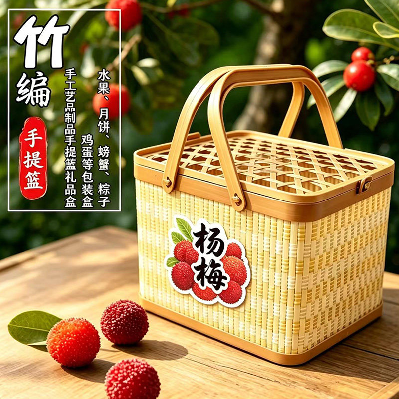 手提方六边形手工竹编篮带盖3斤5斤杨梅荔枝水果筐特产礼品盒定制