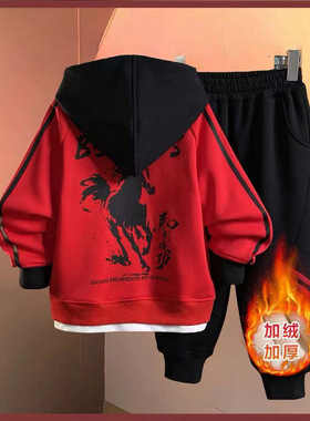 男童年服冬新款加绒卫衣套装中大童男孩一体绒加厚两件套连帽套装