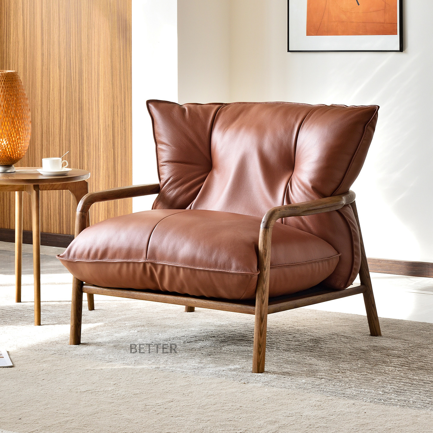 中古风实木单人沙发椅家用客厅阳台懒人真皮休闲椅酒店办公接待椅