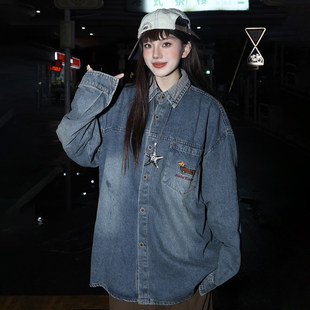 小众设计感宽松潮牌休闲长袖 女秋季 衬衣 复古刺绣水洗牛仔衬衫 美式