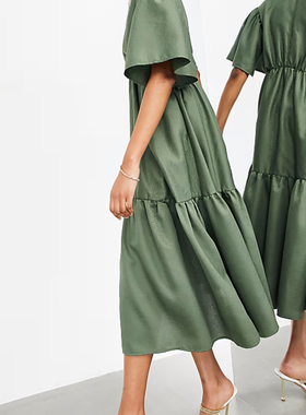 外贸尾货绿色提花布喇叭袖V领宽松款高个子女士连衣裙晚装礼服