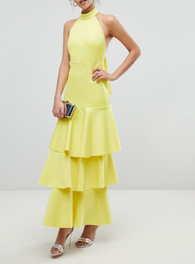 出口尾货有轻微瑕疵黄色空气层立领露肩背超长高个子礼服蛋糕长裙