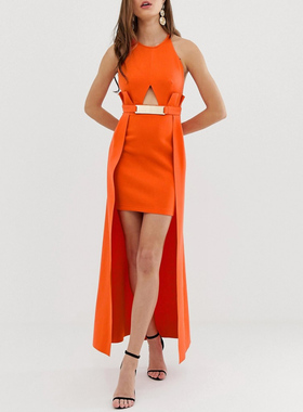 外单尾货一件橘红色挂脖露肩燕尾连衣裙高个子女士超模晚装礼服