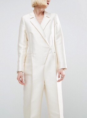 21秋季新款女装出口欧版乳白色OL通勤西装领长袖小脚高个子连衣裤