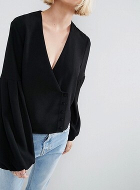 21夏季女装出口欧版V领泡泡袖宽松通勤短上衣黑色高个子女装外套