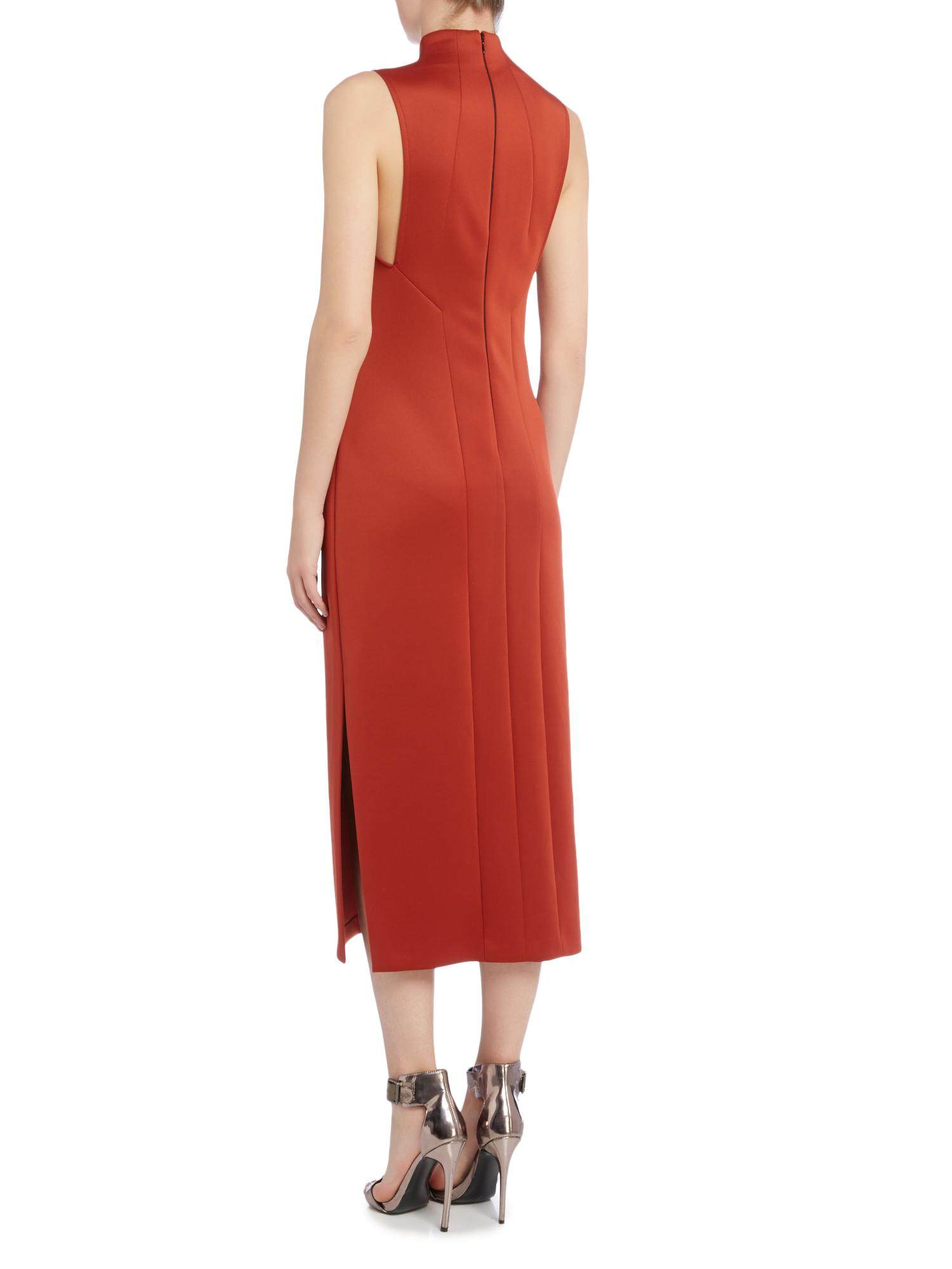 出口原单薄空气层修身显瘦立领铅笔长礼服连衣裙砖红色有加肥加大