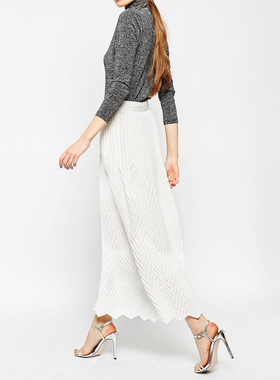 出口原单21年春季新款超美压褶纹理百褶中长半身腰裙白色