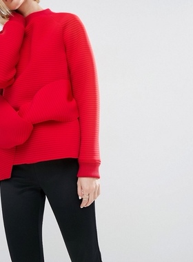 2022年春季欧单空气层罗口长袖圆领立体造型套头短外套上衣大红色