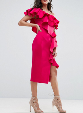 2120年欧洲订单红色空气层单肩荷叶边不对称年会婚礼服高个子连衣