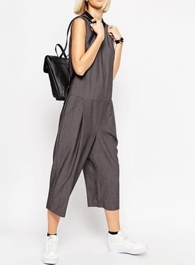 2021年女夏季新款英伦风圆领无袖宽松直筒宽腿七分连衣连体裤灰色