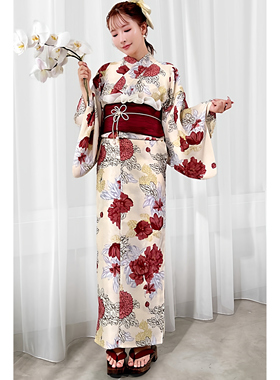 2025grl女新款出口日本和服浴衣传统款涤纶材质浴衣红色系