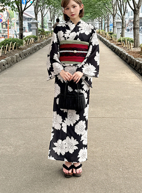 GRL 出口日本和服浴衣 涤纶 腰部折叠 黑白色 素雅 长袍