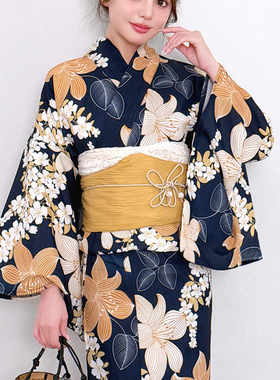 2025grl女新款出口日本和服浴衣传统款涤纶材质浴衣黄色系