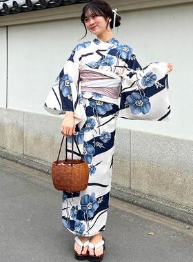 GRL  涤纶出口日本和服浴衣 传统款 腰部折叠 清爽蓝色系