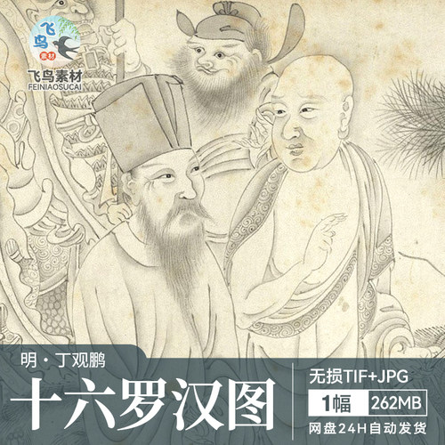 十六罗汉白描图明代丁观鹏临北宋李公麟16应真图国画长卷线稿素材