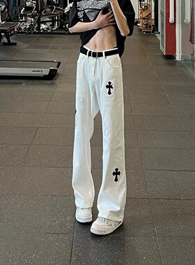 美式高街白色十字架牛仔裤男女新款男女潮牌cleanfit微喇直筒裤子