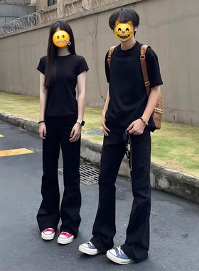 cra黑色美式微喇牛仔裤男女款春秋季高街情侣裤子中腰窄版直筒裤