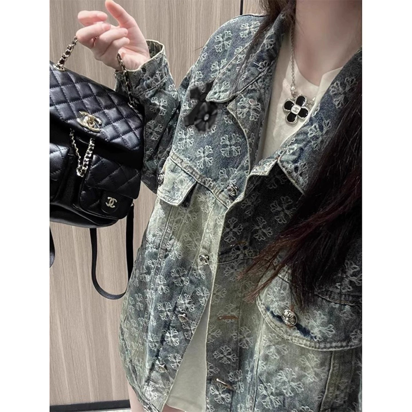 十字架烫钻牛仔外套男秋季美式复古衣服满印提花情侣轻奢工装夹克