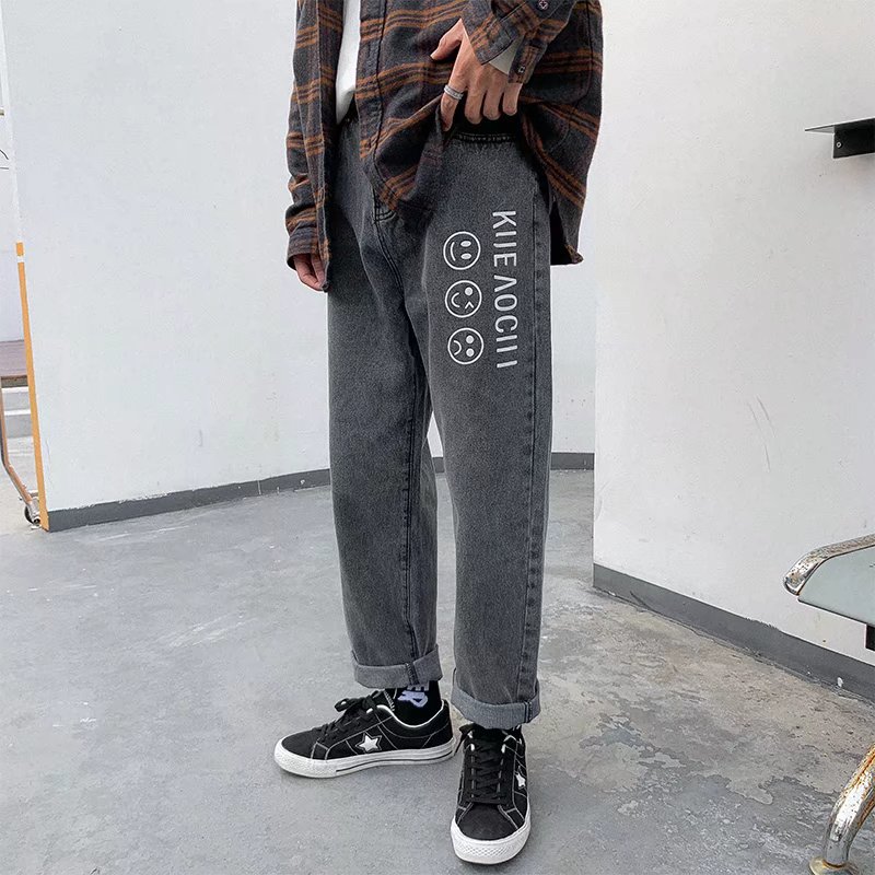 2024春秋季港风新款字母图案印花牛仔裤男宽松潮男牛仔裤K376-P30，男装牛仔裤，星座1703A-1