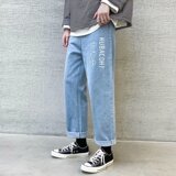 2025春秋主推现货港风宽松韩版潮流笑脸直筒网红牛仔裤KN903-P30，男装牛仔裤，星座1703A-1