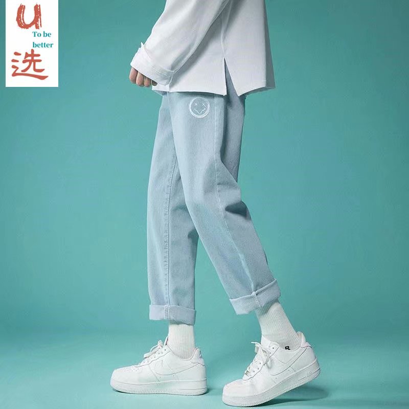21年秋季笑脸印花浅色宽松修身直筒休闲裤牛仔九分裤NB581-P30,男装休闲裤,星座1703A-1