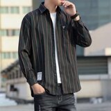 2025秋冬季新款男士长袖条纹衬衫休闲港风宽松工装衬衣8502-P28，男装衬衫，星座1703A-1