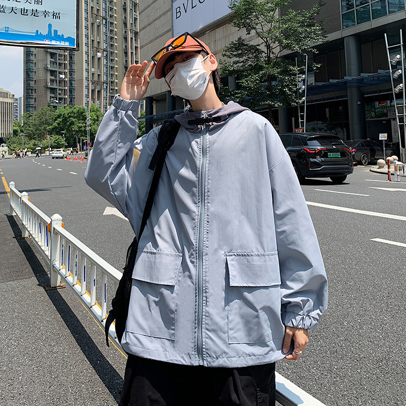 2025春秋新款港风工装外套男连帽潮牌ins宽松拼接夹克衫W1986-P55图片