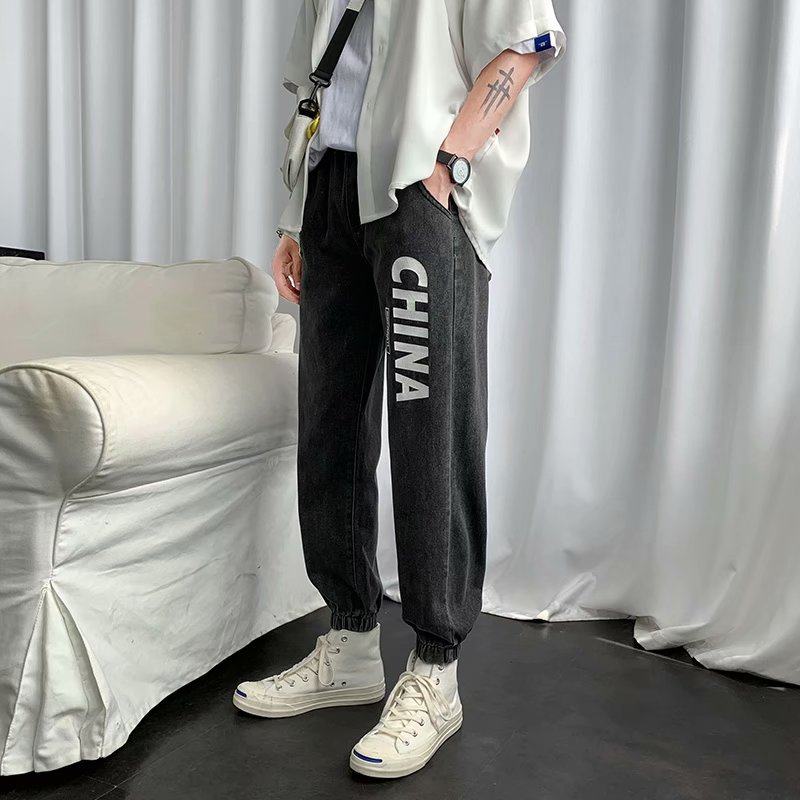 2025春秋季新款松紧腰牛仔裤男韩版港风直筒束脚印花长裤KN66-P30，男装牛仔裤，星座1703A-1