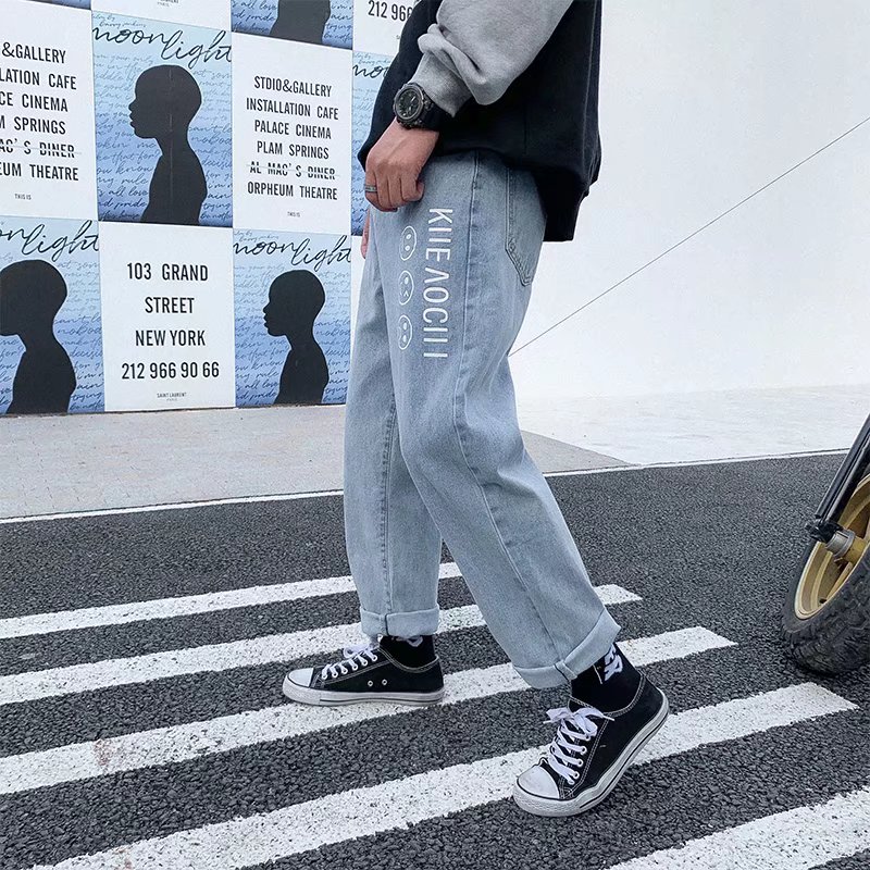 2025春秋季港风新款字母图案印花牛仔裤男宽松潮男牛仔裤K376-P30,男装牛仔裤,星座1703A-1