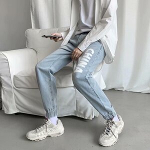 2025春秋季新款松紧腰牛仔裤男韩版港风直筒束脚印花长裤KN66-P30图片