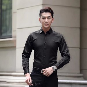 2025春夏季大码纯色长袖衬衫男商务修身时尚免烫衬衣男cs615-P13,条形衬衫怎么搭配图片