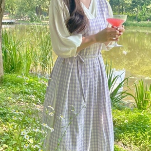 韩版跨境围裙连衣裙两侧开衩绑带游玩花艺美术罩衣奶茶美甲围兜