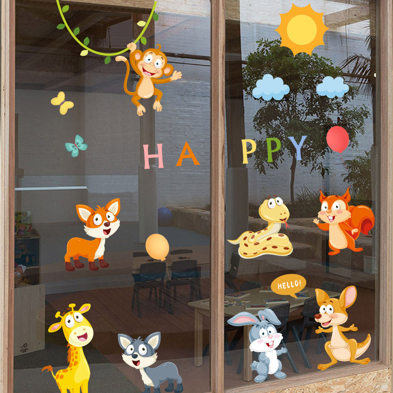 可爱动物玻璃贴画幼儿园儿童幼儿园学校橱窗装饰贴纸自粘静电贴画