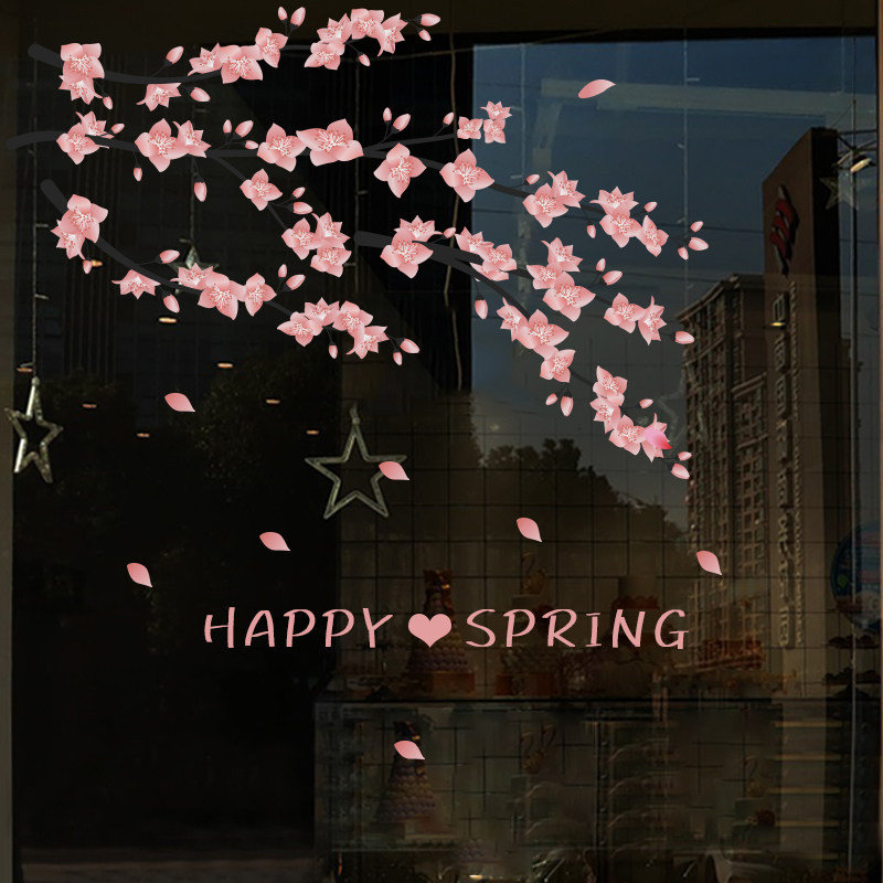 浅粉樱花透明玻璃背景装饰贴纸
