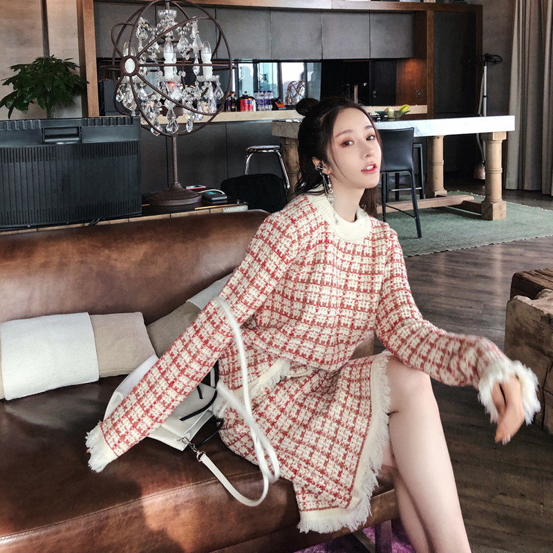 谨哥JG 两色格子套装女秋季韩版英伦复古很仙的毛衣半身裙两件套