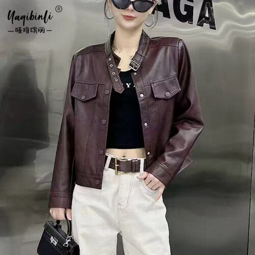 美拉德紫色立领短款机车皮衣女