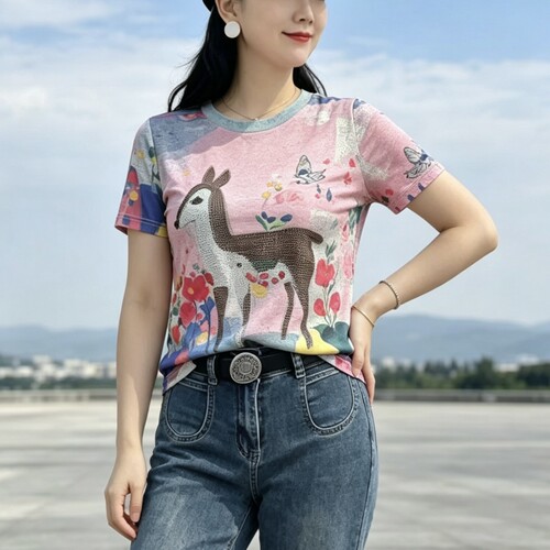 竹节天丝弹力卡通T恤女高级感