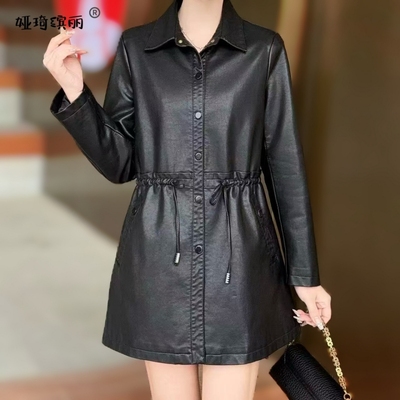 皮衣女中长款2025海宁新款高贵休闲收腰显瘦中年妈妈装皮风衣外套