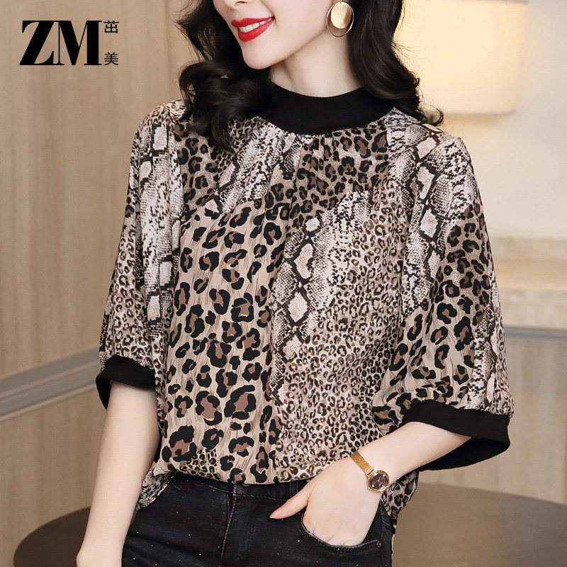 拼接百搭洋气七分袖胖mm个性中袖时尚豹纹大码上衣女潮宽松T恤女