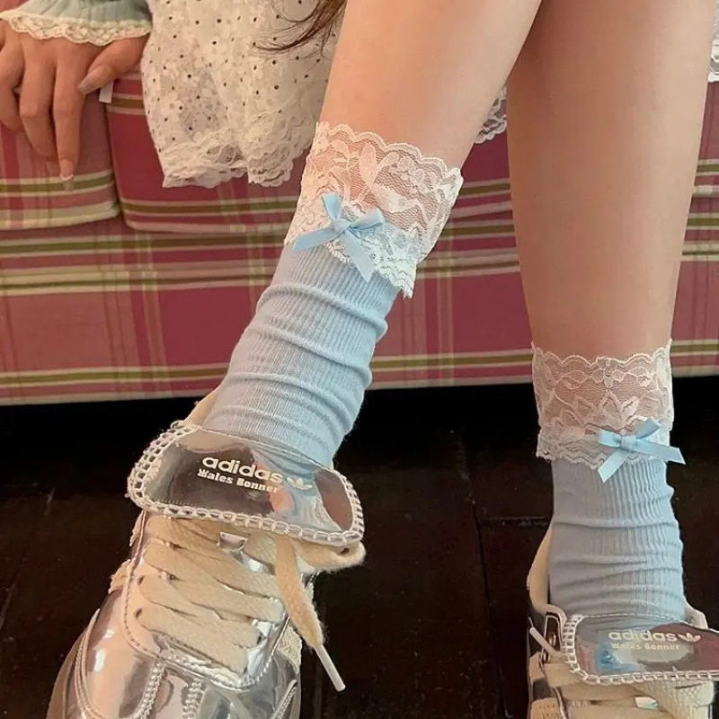 甜美蕾丝蝴蝶结薄款堆堆中筒袜