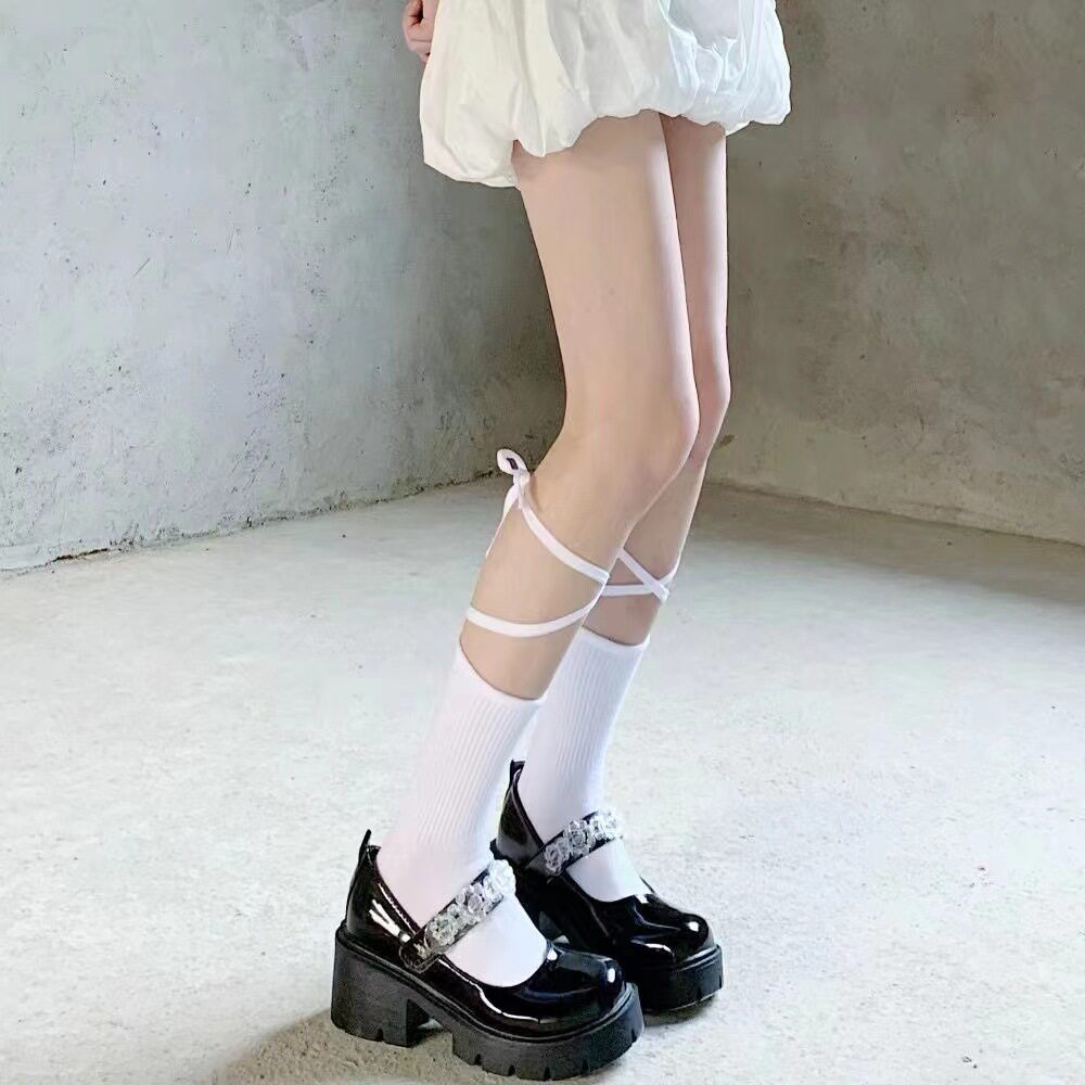 学院风绑带交叉中筒袜女夏季超薄